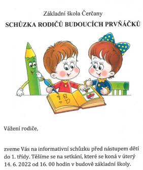 Pozvánka na schůzku rodičů budoucích prvňáčků v ZŠ Čerčany 1