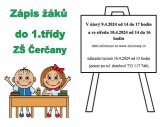 Zápis žáků do 1. třídy ZŠ Čerčany 9. a 10. dubna 1
